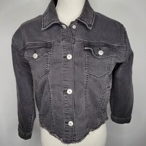 OshKosh Girls 14 Trucker Jacket Black Jean Denim Kids Buttons Raw Hem